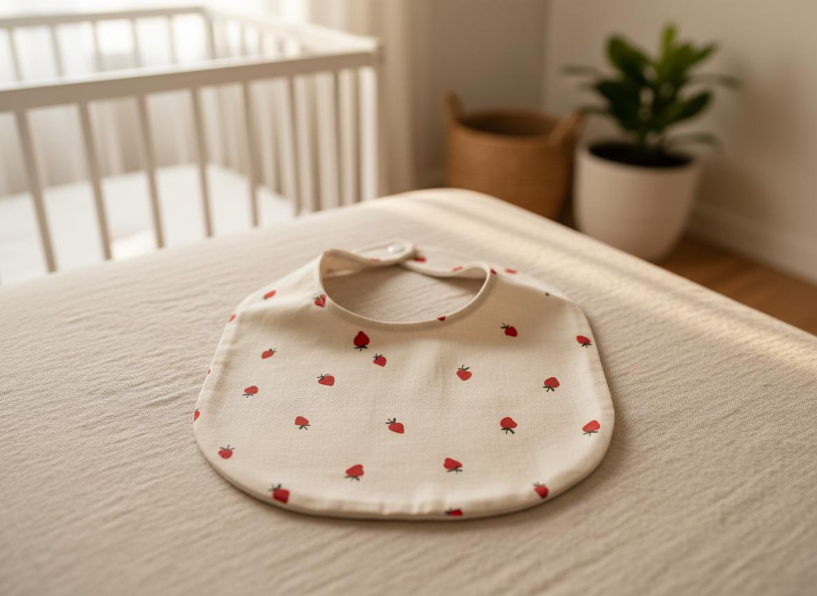 A cream-coloured fabric baby bib featuring a repeating pattern of small red strawberries with green stems. The bib has a rounded shape and a single white snap button closure at the back of the neck, designed for infant use.