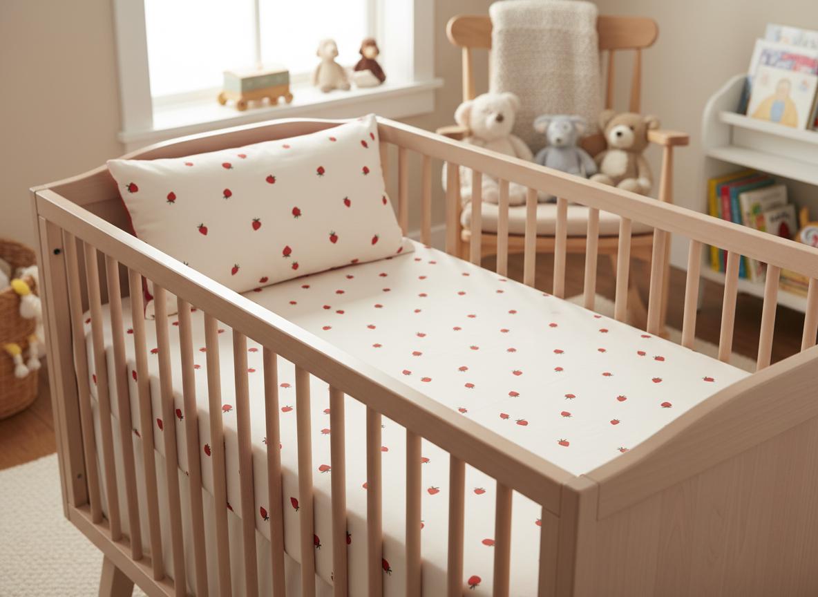 Wooden cot made up with bedding and a pillow in the Minimal Strawberry pattern, in a nursery with soft toys.