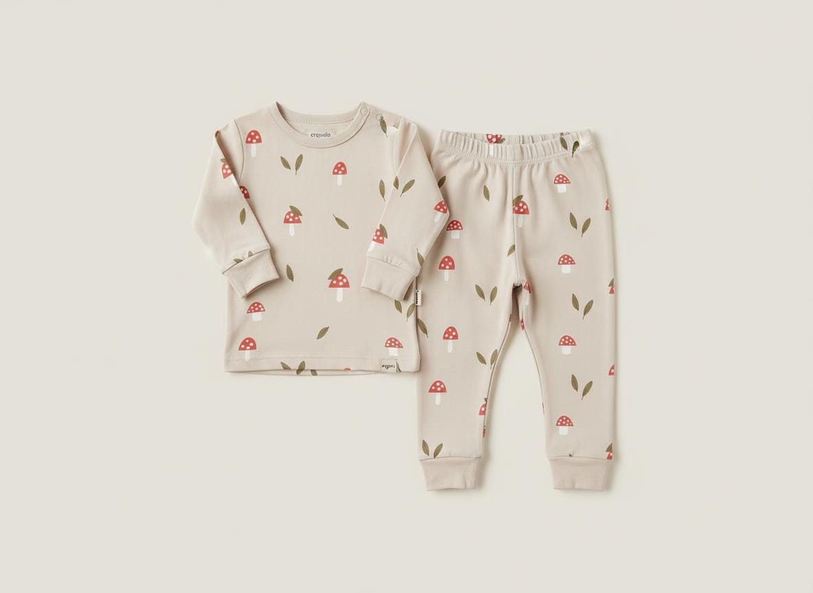 A beige pajama set with a pattern of red-capped mushrooms and green leaves. The set includes a long-sleeved top and matching trousers. The pajamas are made of a soft material.
