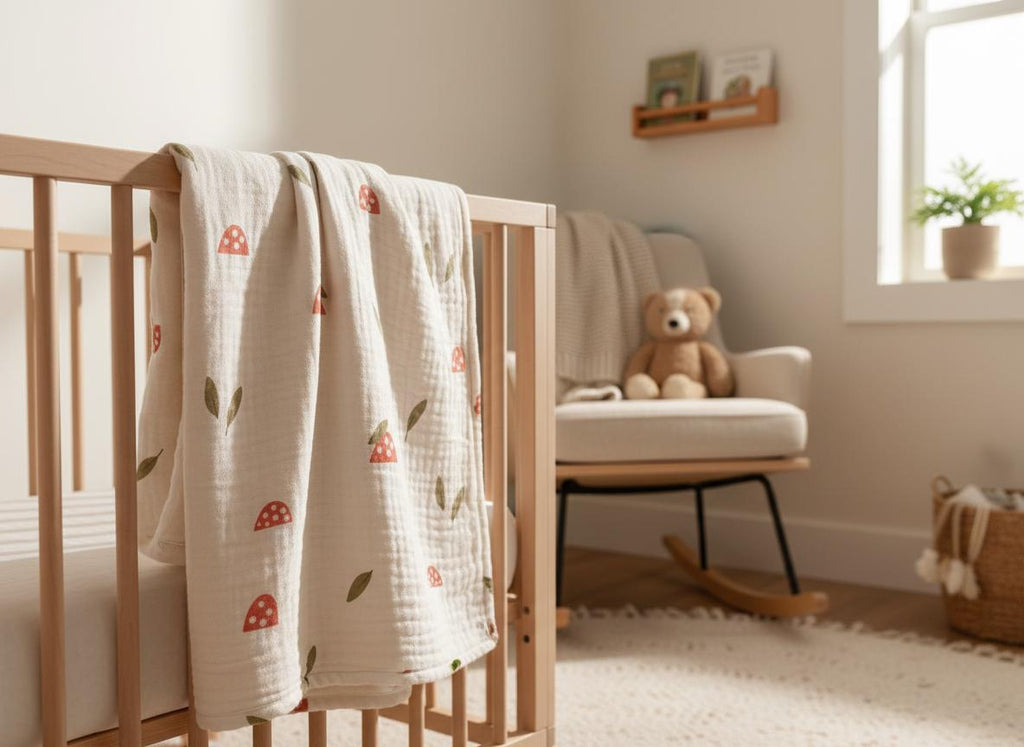 A cream-coloured baby blanket with a mushroom and leaf pattern draped over a wooden cot. A teddy bear sits in a rocking chair in the background, creating a cosy nursery scene. The blanket is made of soft material.