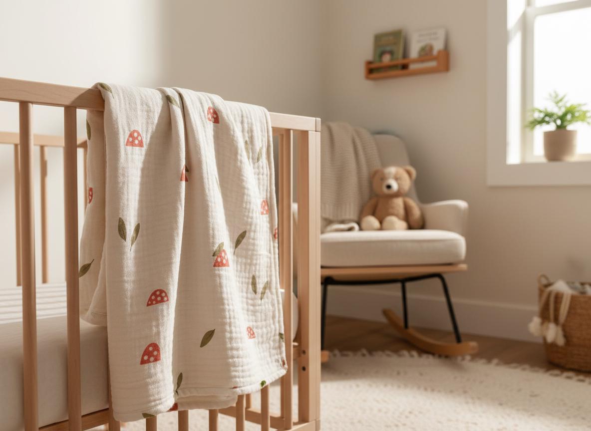 A cream-coloured baby blanket with a mushroom and leaf pattern draped over a wooden cot. A teddy bear sits in a rocking chair in the background, creating a cosy nursery scene. The blanket is made of soft material.