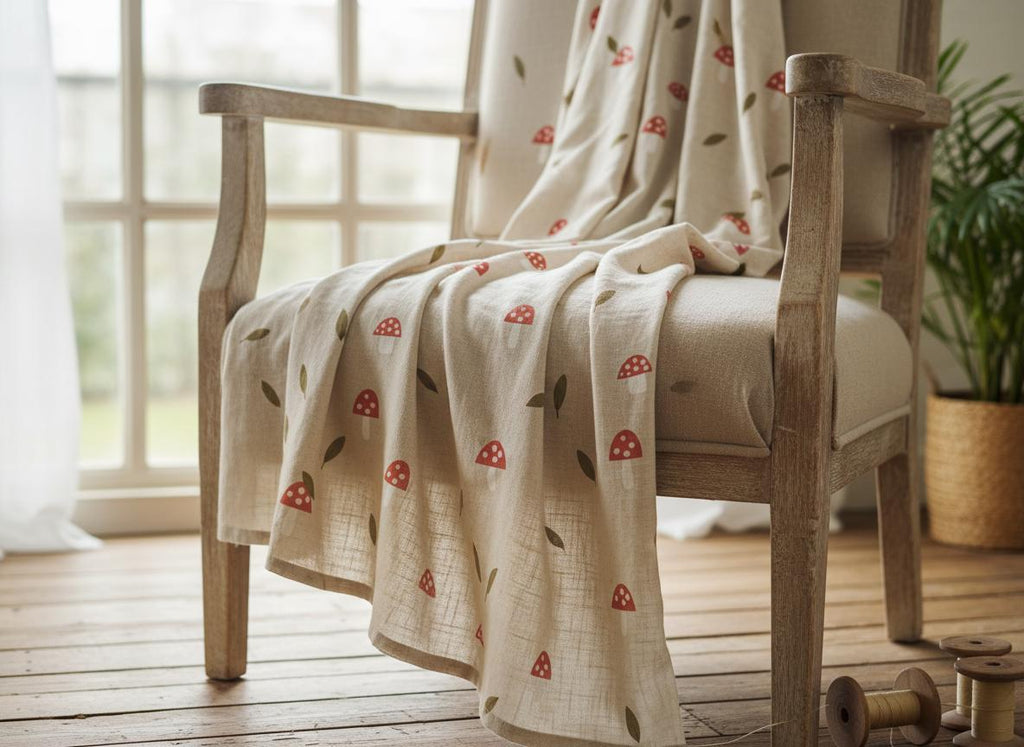 A cream-coloured throw blanket draped over a wooden chair, featuring a repeating pattern of red mushrooms and green leaves. The blanket is made of a soft, textured fabric, creating a cosy and inviting aesthetic. The chair is in front of a window.