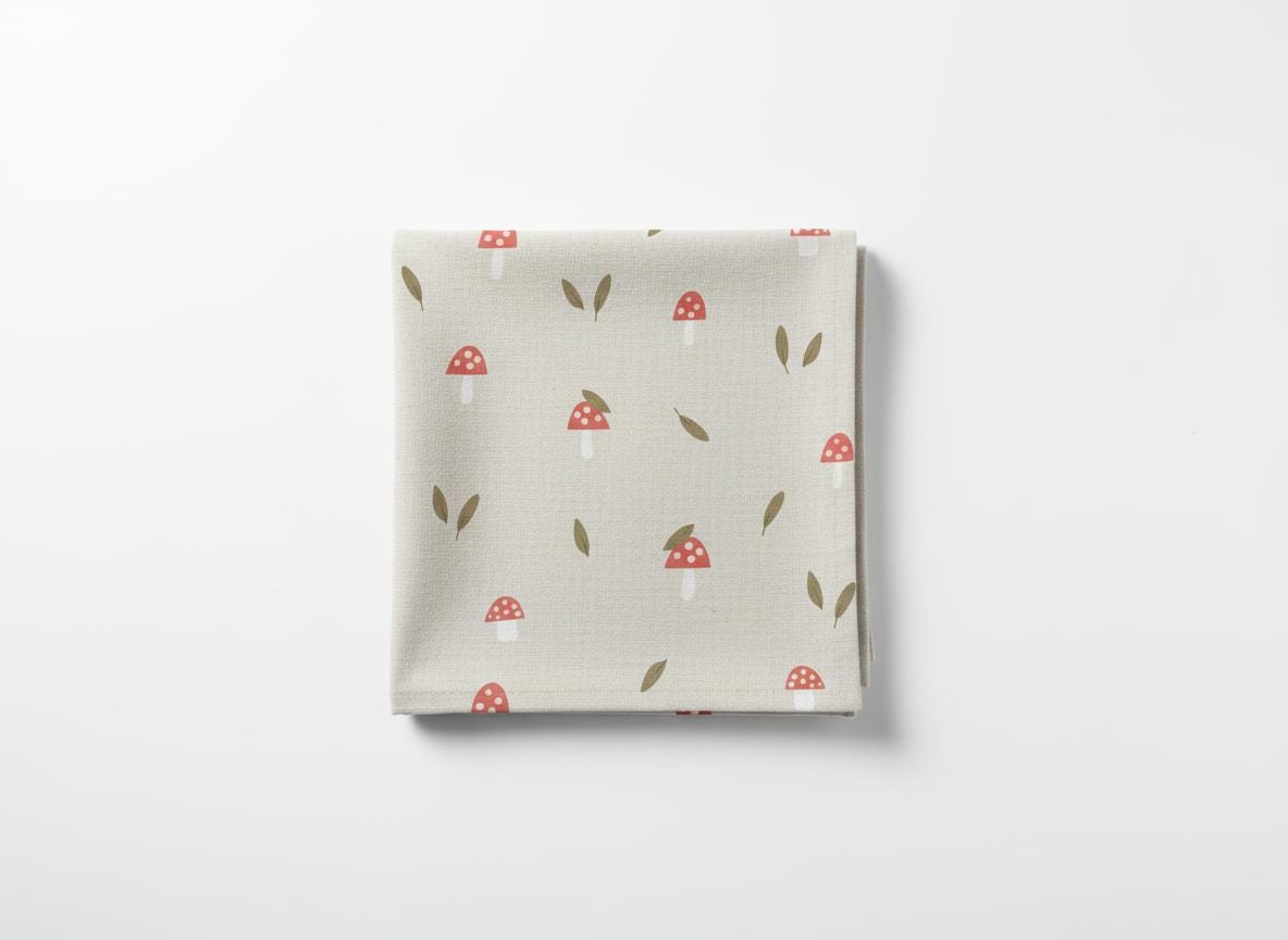 Folded square fabric featuring a pattern of red and white mushrooms and brown leaves on a light beige background. The fabric is likely cotton or linen.