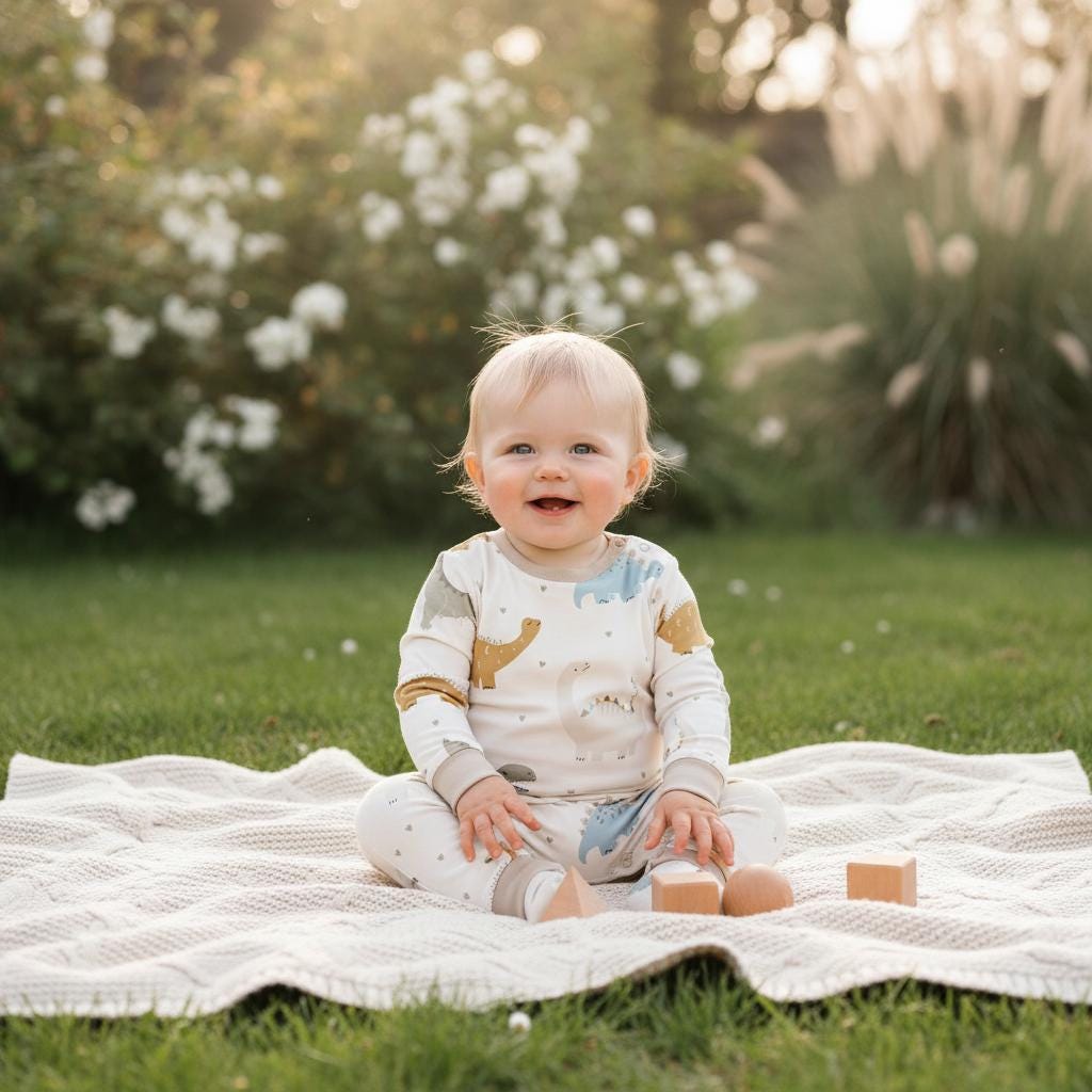 A baby wearing a long-sleeved cream-coloured pyjama set featuring a repeating pattern of light blue and mustard yellow dinosaurs and small stars. The outfit includes a matching top and trousers with ribbed cuffs at the wrists and ankles.