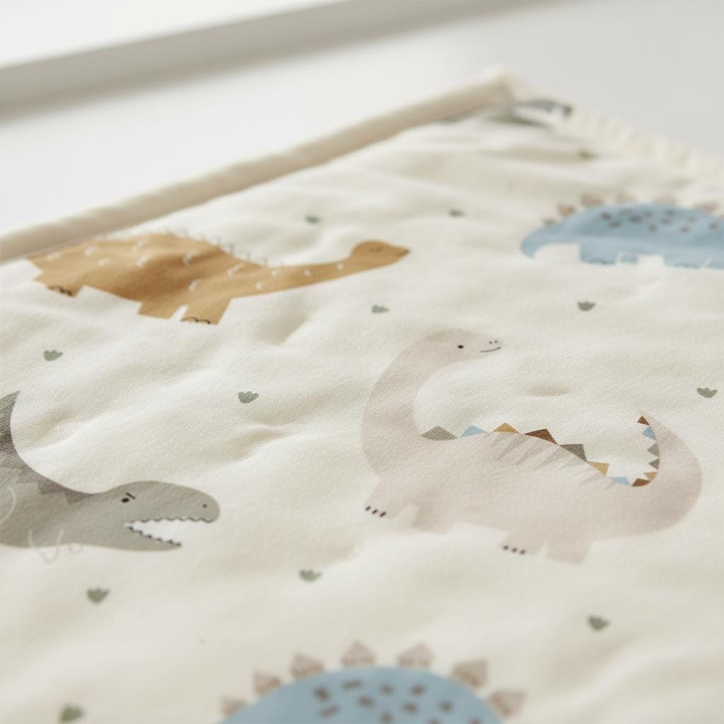 A cream-coloured quilted fabric featuring a repeating pattern of dinosaurs in various colours including light blue, tan, and grey. The dinosaurs are depicted in a simple, stylised manner, interspersed with small green leaf-shaped icons.