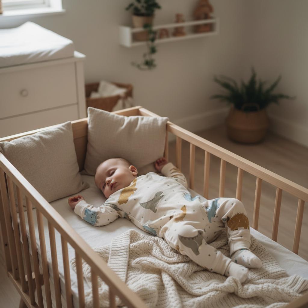A baby sleeping in a light-coloured wooden cot, wearing a cream-coloured long-sleeve sleepsuit with a dinosaur print. The cot contains two beige square cushions and a textured cream-coloured knit blanket draped over the mattress.