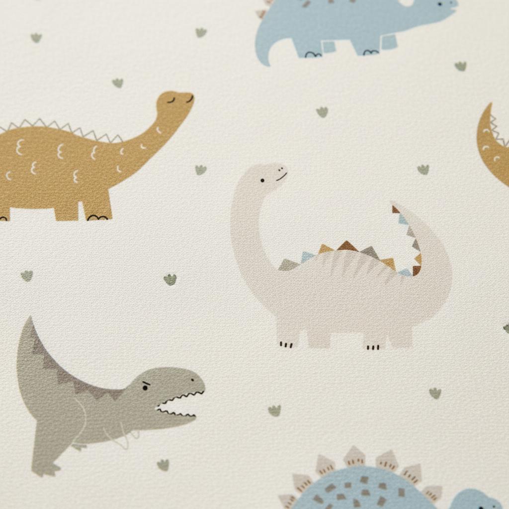 A wallpaper pattern featuring various illustrated dinosaurs in shades of blue, tan, grey, and cream. The design includes long-necked sauropods and theropods scattered across a light cream background with small green leaf-like accents.