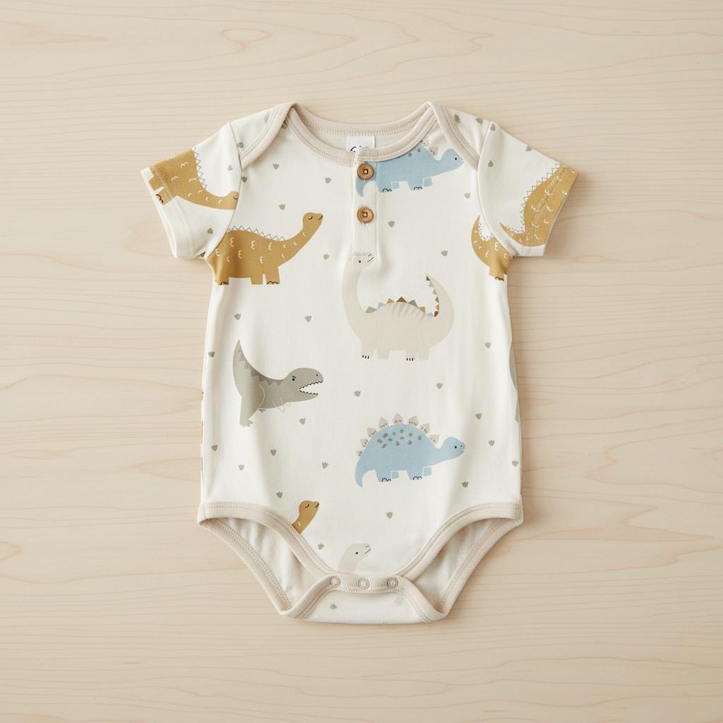 A short-sleeved baby bodysuit in an off-white colour featuring a repeating pattern of dinosaurs in shades of mustard yellow, sage green, and light blue, accented with small grey hearts and a three-button henley placket at the neck.