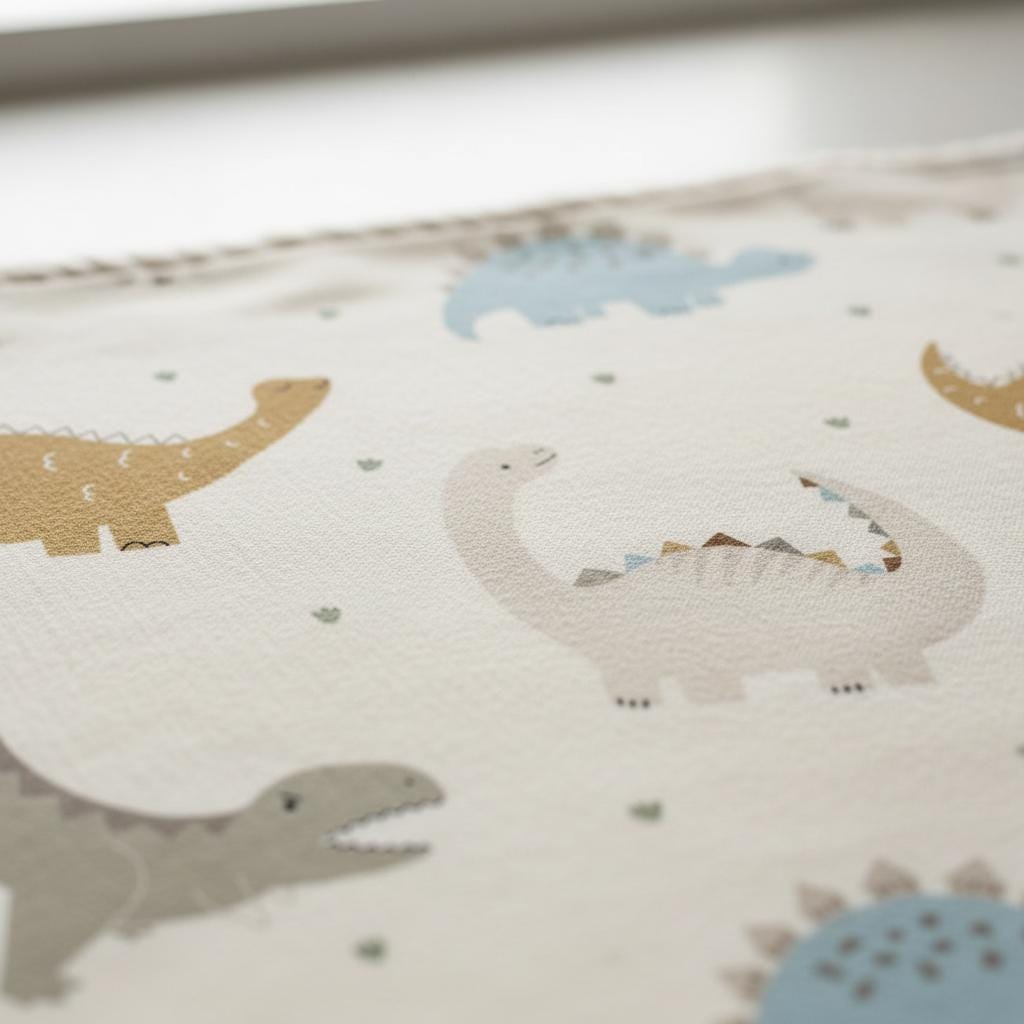 A white fabric featuring a repeating pattern of dinosaurs in various colours including light blue, mustard yellow, beige, and grey. The dinosaurs are depicted in different shapes and sizes, interspersed with small green footprint icons.