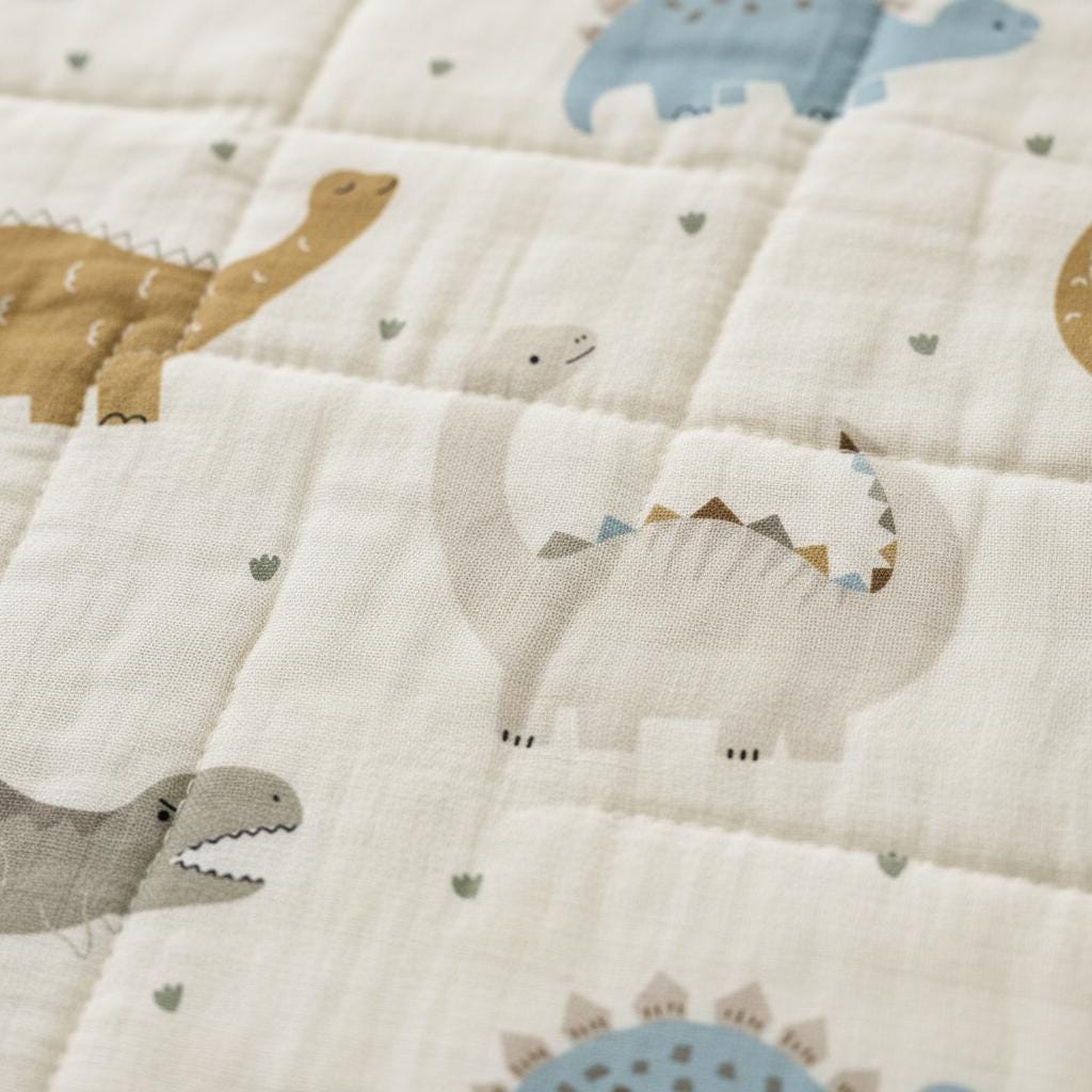 Close-up of a quilted baby blanket printed with the Boho Dinosaur pattern in caramel, grey and blue.