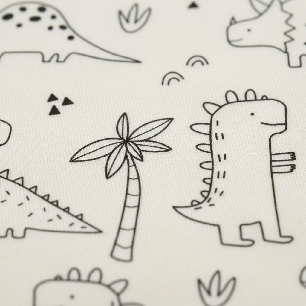 A white fabric featuring a repeating black line art pattern of various dinosaurs, including a standing stegosaurus-like creature, a palm tree, and small geometric shapes like triangles and arches scattered across the surface.