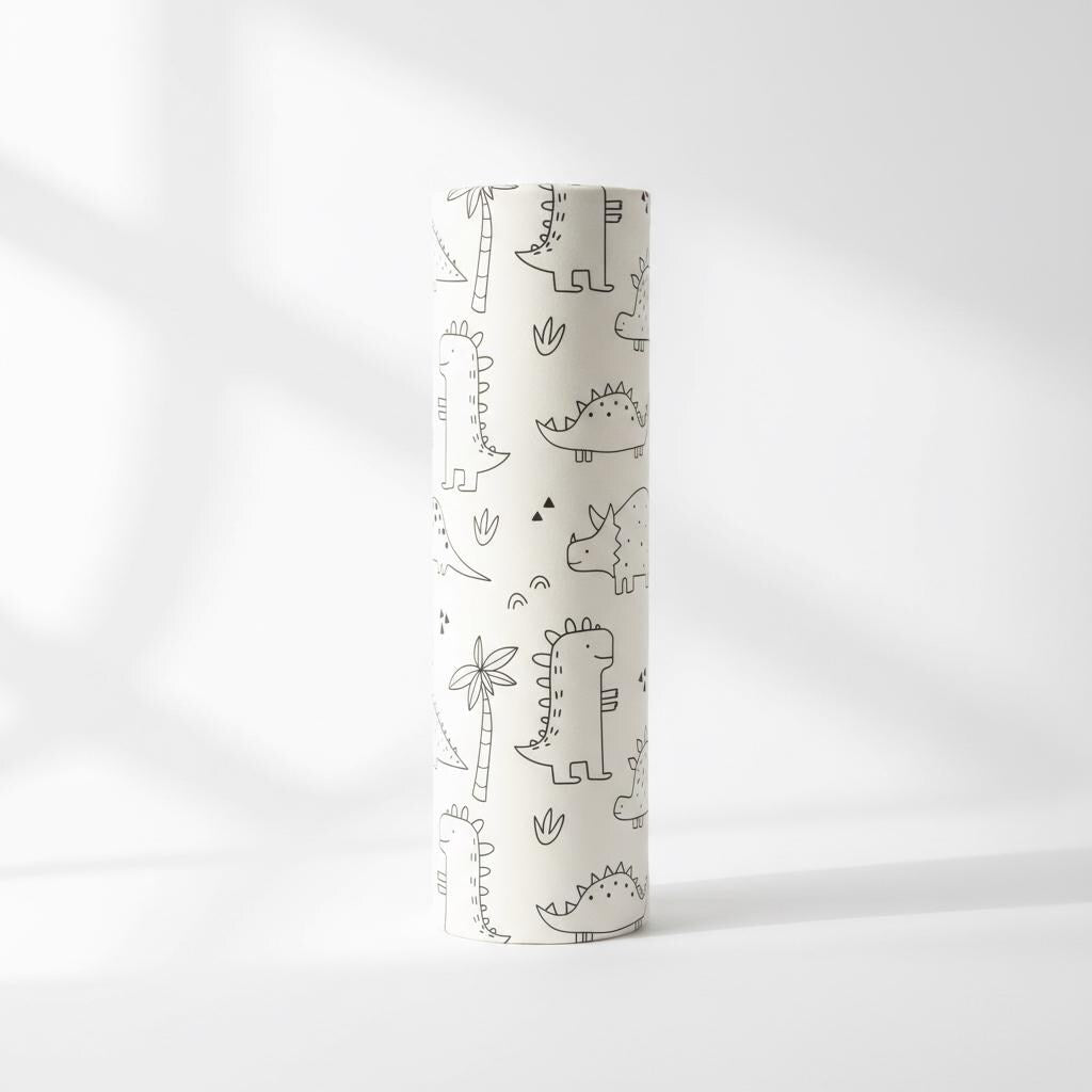 A cylindrical object featuring a white background with a repeating black line art pattern of various dinosaurs, palm trees, and small triangular shapes. The design is consistent across the entire visible surface of the cylinder.