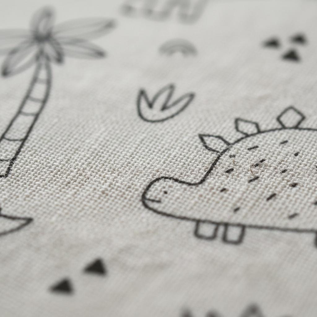 A light beige fabric featuring a black line art pattern of a dinosaur, a palm tree, small leaves, and triangles. The textile has a visible woven texture, and the illustrations are simple, clean, and evenly spaced across the surface.