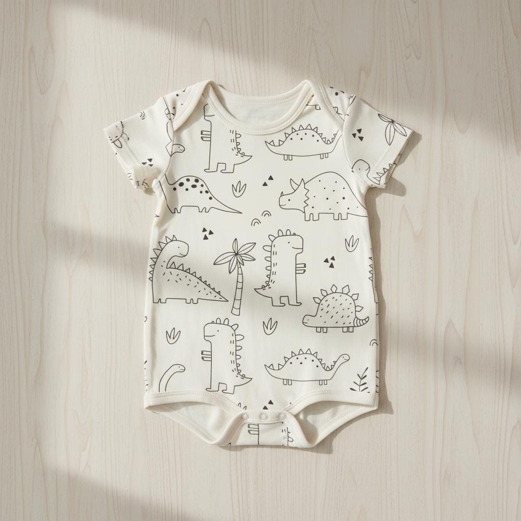 Cream short-sleeved baby bodysuit printed with the black line-art Dinosaur pattern, on a pale wooden surface in soft sunlight.