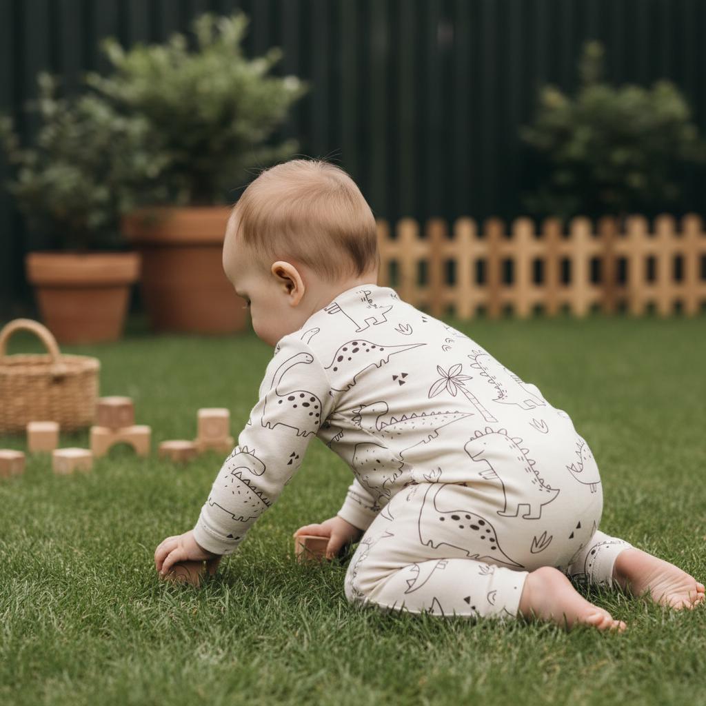 A long-sleeved, one-piece baby romper in an off-white colour featuring a repeating black line-art pattern of various dinosaurs, palm trees, and small foliage elements, designed with a crew neckline and fitted cuffs at the wrists and ankles.
