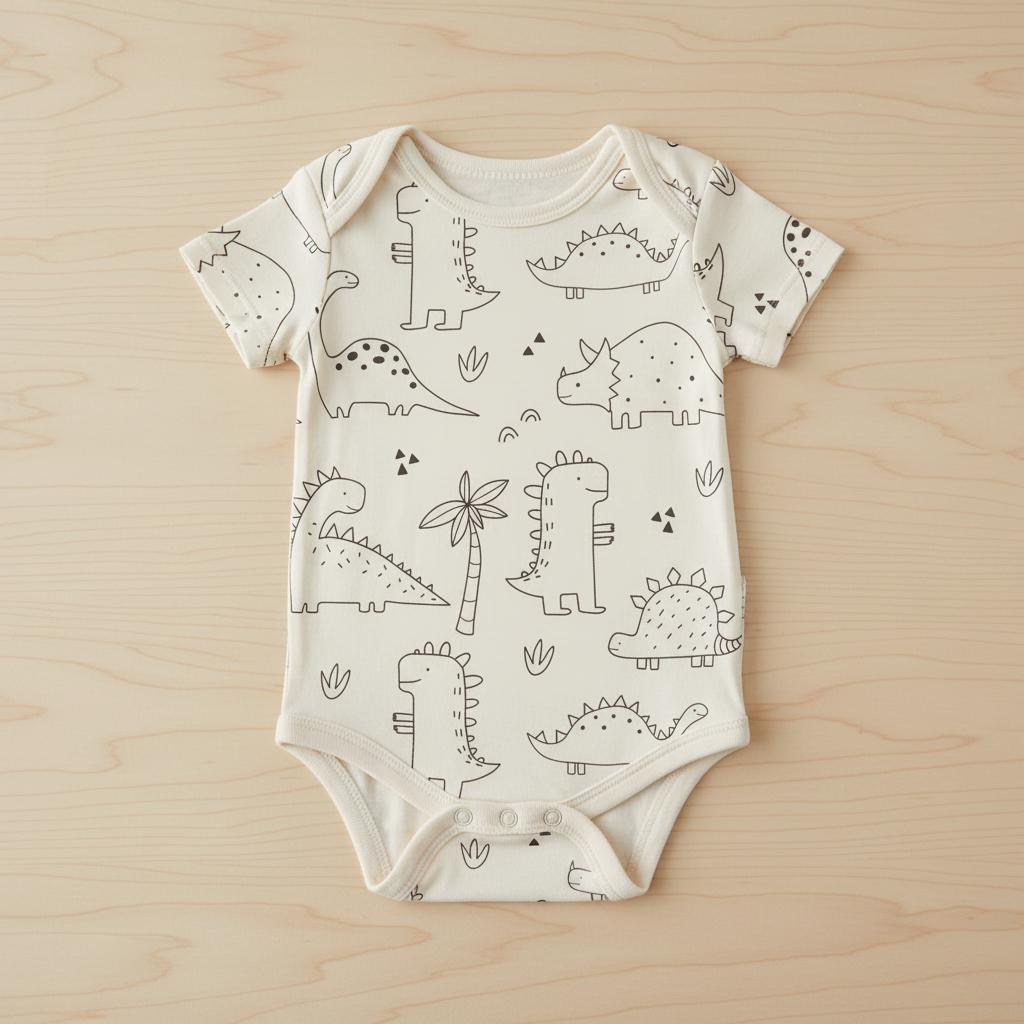 Cream baby bodysuit with the Dinosaur pattern of outlined dinosaurs, palm trees and dots, laid flat on light wood.