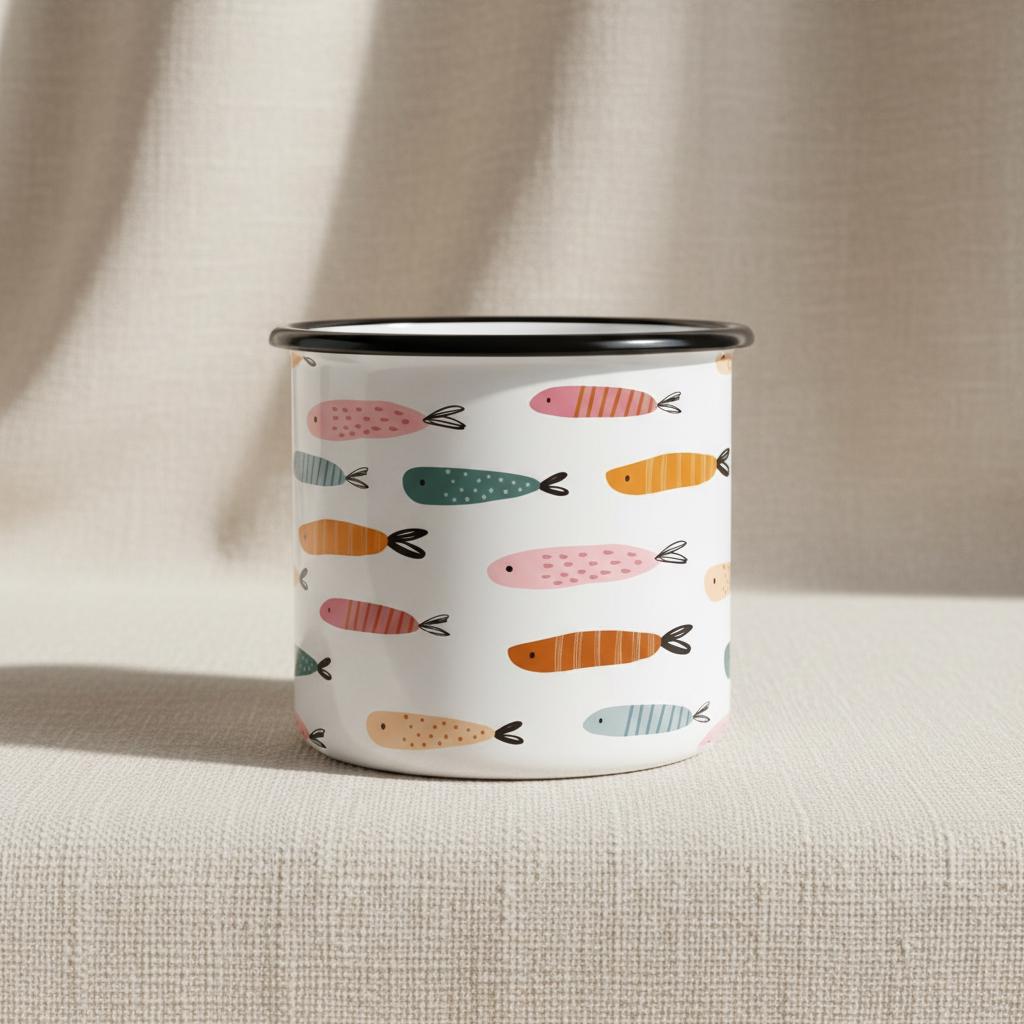 A white enamel mug featuring a repeating pattern of small, stylised fish in various colours including pink, orange, and teal. The mug has a smooth, cylindrical body and a thin, black rim around the top edge, creating a clean contrast.
