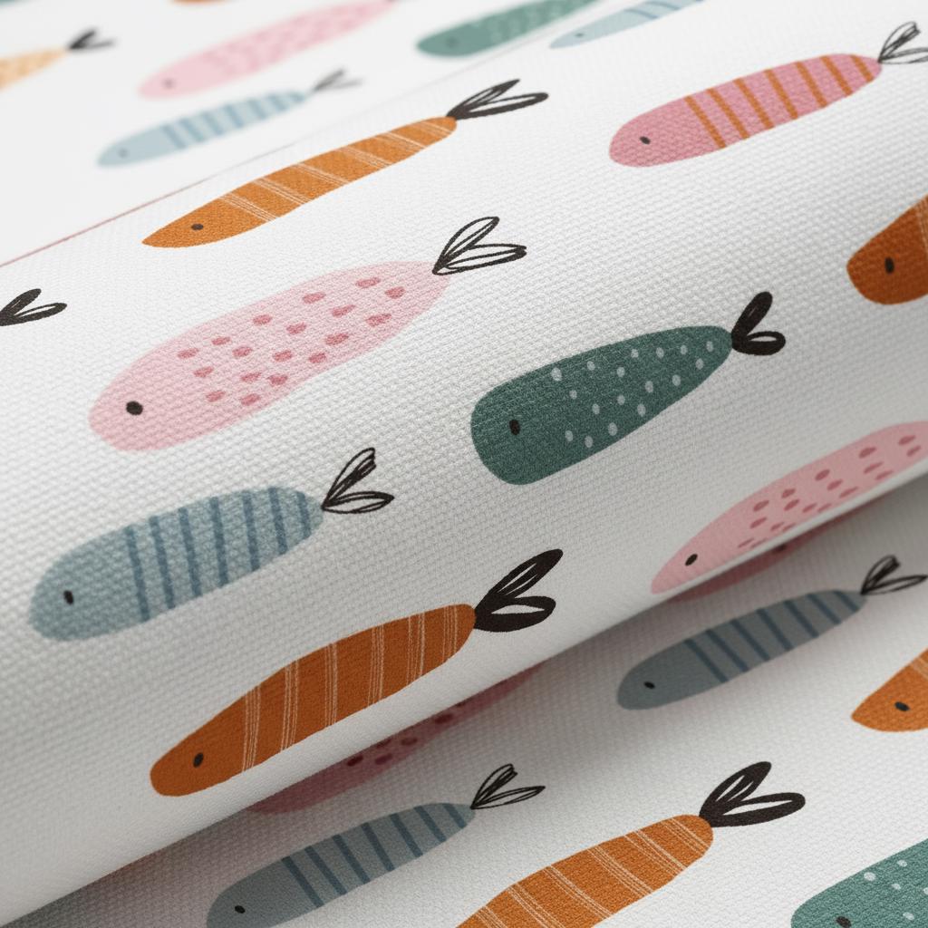 Close-up of curved fabric printed with the Fish pattern of pink, teal, orange and blue-grey fish with stripes and dots.