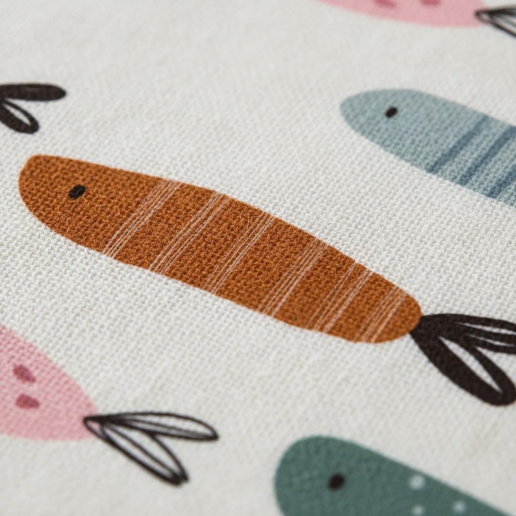 A white fabric featuring a repeating pattern of stylised fish in shades of orange, blue, and pink. Each fish has a simple black eye and a black line-drawn tail. The textile has a visible woven texture throughout the surface.