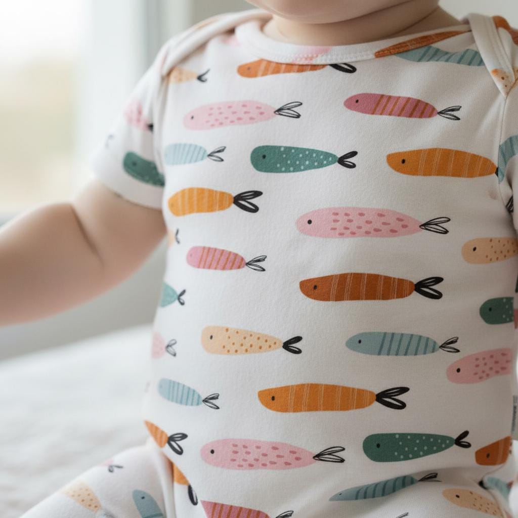 A short-sleeved baby bodysuit in white featuring an all-over print of small, stylised fish in various colours including orange, pink, and teal. Each fish has simple line details and a black tail, creating a repeating pattern across the fabric.