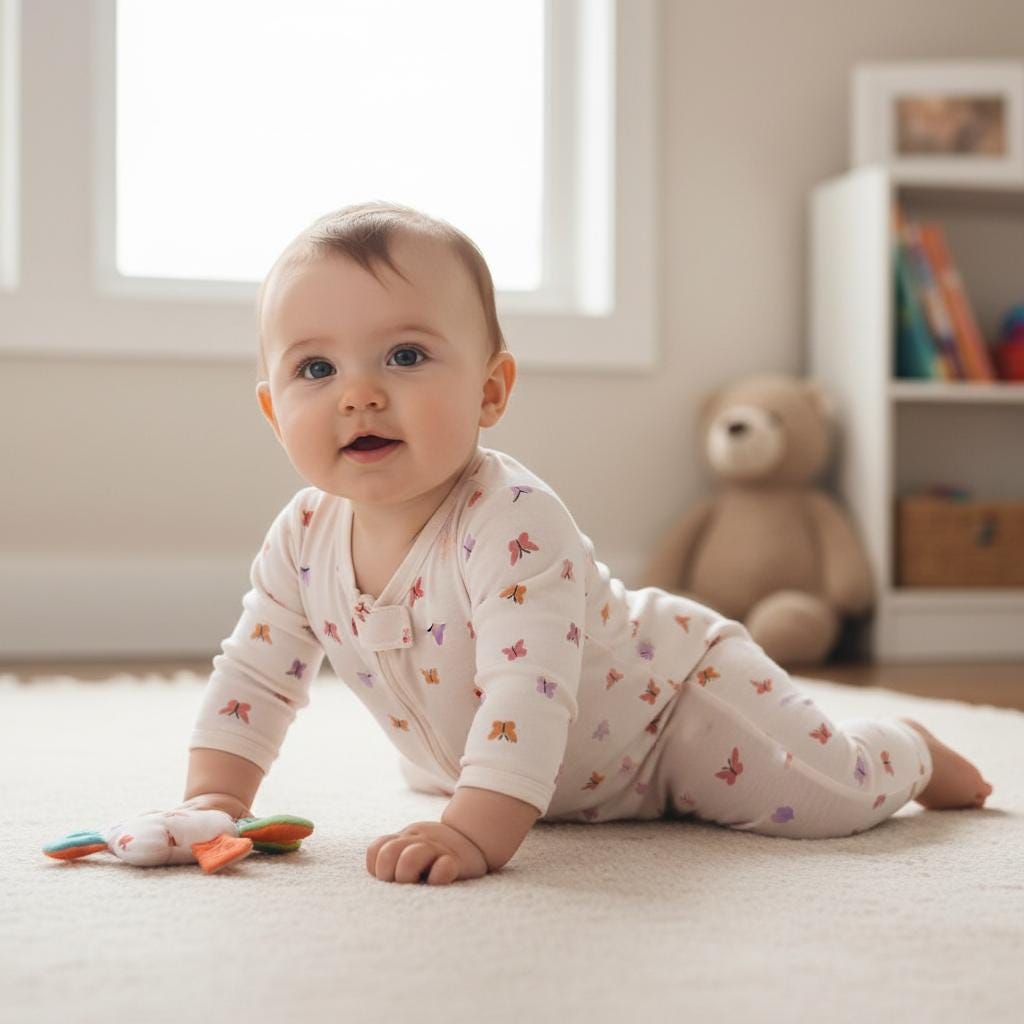 A long-sleeved, one-piece baby sleepsuit in a light cream colour featuring a repeating pattern of small, colourful butterflies in shades of orange, purple, and pink, with a front zip closure and a small, soft toy held in one hand.