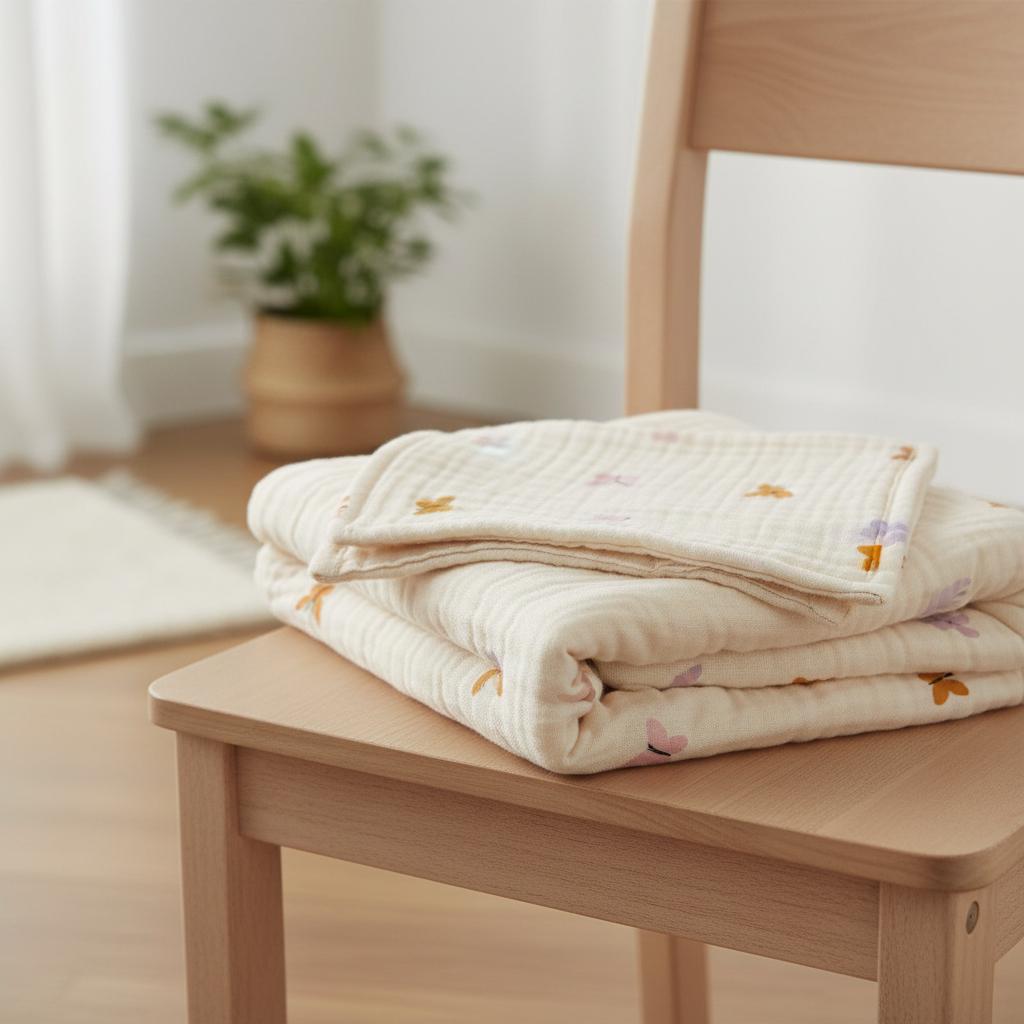 A folded cream-coloured muslin blanket featuring a repeating pattern of small, embroidered butterflies in shades of soft pink, yellow, and orange. The fabric has a visible crinkled texture and is stacked neatly on a light wood chair.