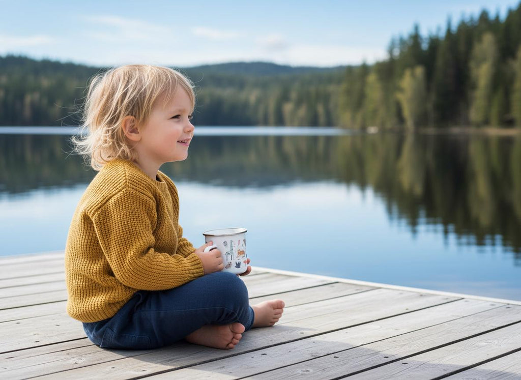 A child with blonde hair wearing a mustard yellow knit jumper and dark blue trousers, sitting on a wooden jetty while holding a white enamel mug decorated with small colourful animal illustrations against a lake and forest background.