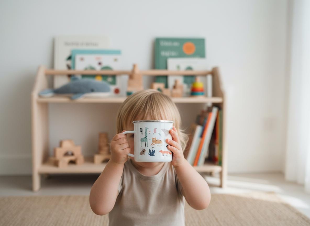 A white metal mug with a silver rim featuring a colourful pattern of various wild animals including a giraffe, lion, and fox. The mug has a small handle on the side and is held up to cover the lower portion of a face.