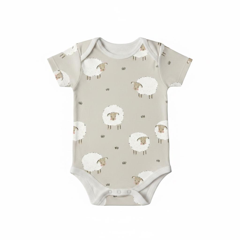 A short-sleeved baby bodysuit in a light beige colour featuring an all-over print of white fluffy sheep with brown faces and small dark green grass tufts scattered across the fabric, finished with a round neckline and snap closures.