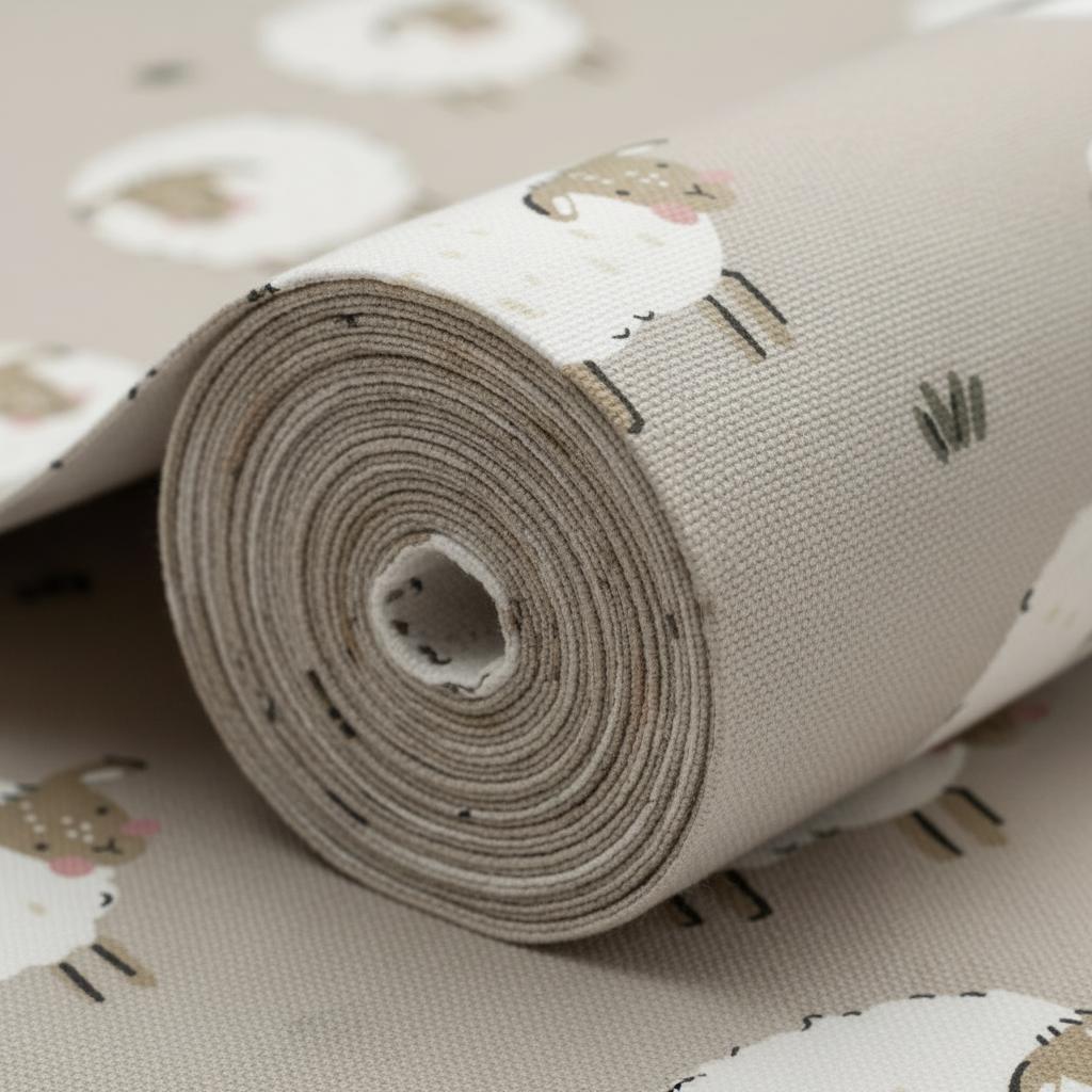 A roll of fabric featuring a repeating pattern of white sheep with brown faces and small green grass tufts on a light beige background. The textile has a visible woven texture and is tightly coiled into a cylindrical shape.