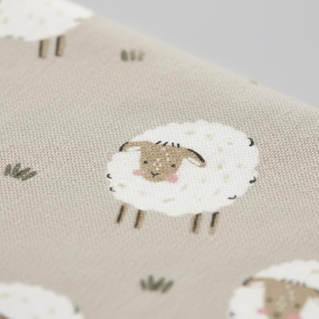 A light beige fabric featuring a repeating pattern of white sheep with brown faces, dark brown ears, and small pink cheeks. The sheep are depicted standing on the beige background, interspersed with small dark brown tufts of grass.