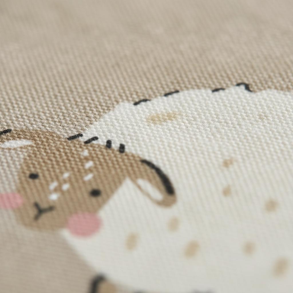 A close-up view of a woven fabric featuring a printed illustration of a sheep. The sheep has a brown face, pink cheeks, and a white woolly body with small brown spots, set against a light tan, textured background material.