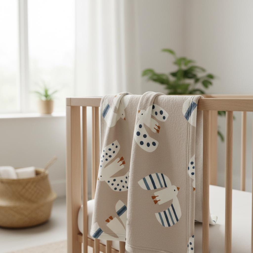 A light beige baby blanket draped over a wooden cot rail. The blanket features a repeating pattern of stylised white birds with dark blue polka dots or striped wings and small orange beaks, printed across the soft fabric surface.