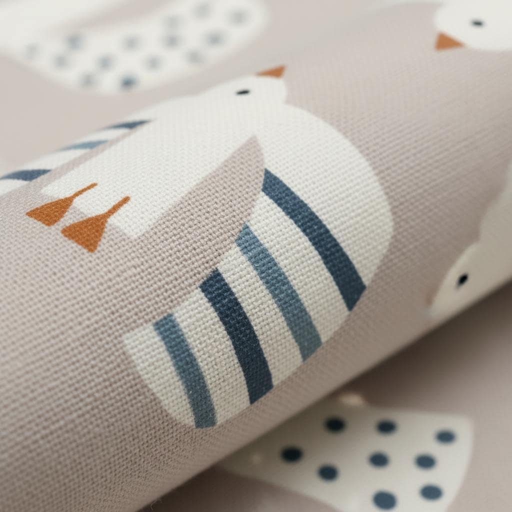 A light beige fabric featuring a repeating pattern of stylised white birds. The birds have dark blue striped wings, orange beaks, and orange feet. Some birds are depicted with dark blue polka dots on their bodies, all set against a textured, woven material surface.