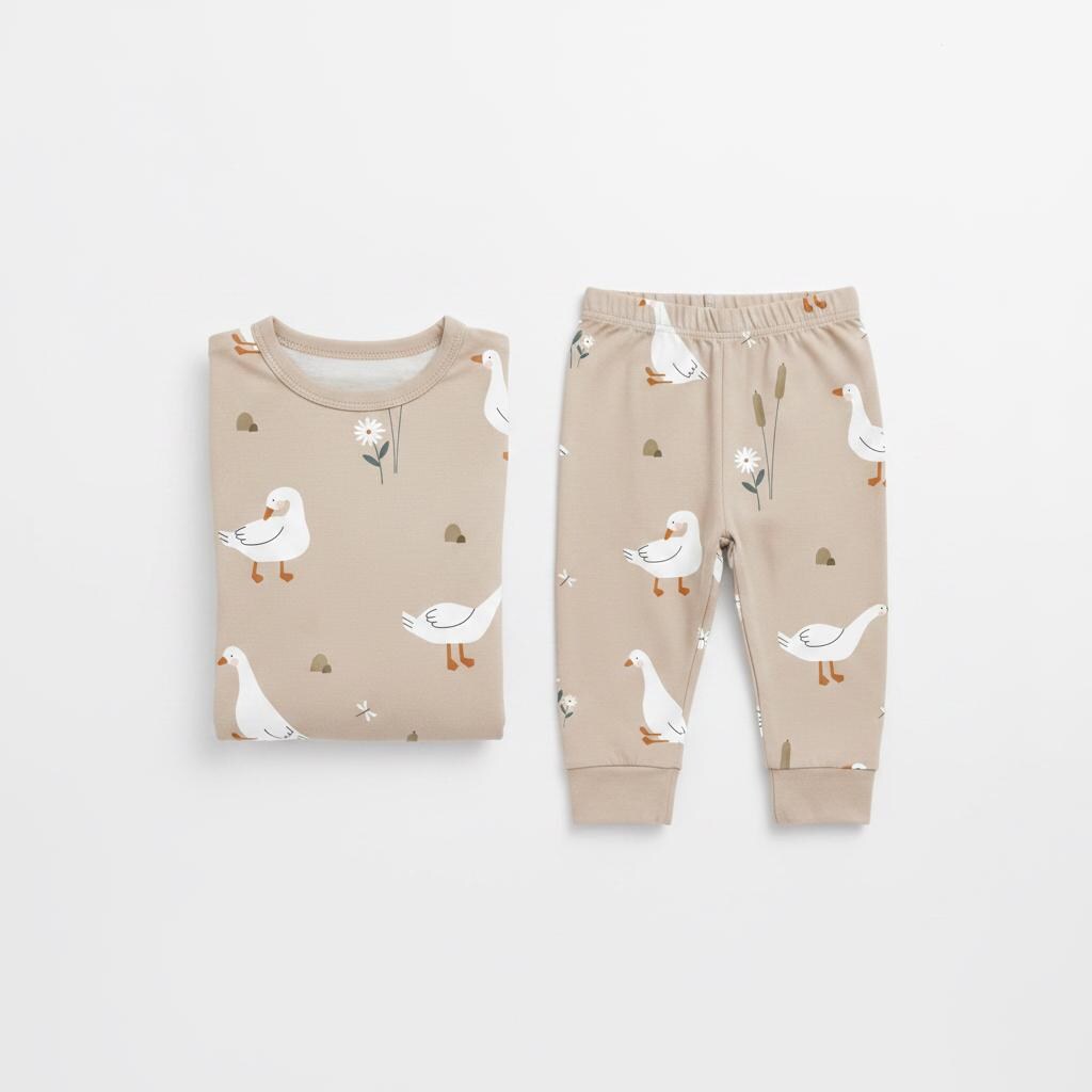A beige long-sleeve top and matching trousers set featuring a repeating pattern of white geese, small brown stones, and white flowers with green stems. The top has a crew neckline and the trousers feature an elasticated waistband and cuffs.