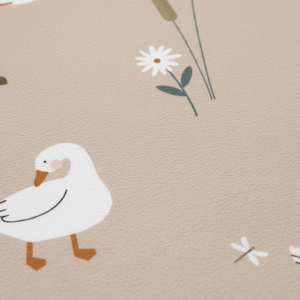 A light beige fabric featuring a repeating pattern of white geese with orange beaks and feet, white daisies with green stems, and small white dragonflies. The surface has a subtle, fine-grained texture throughout the entire material.