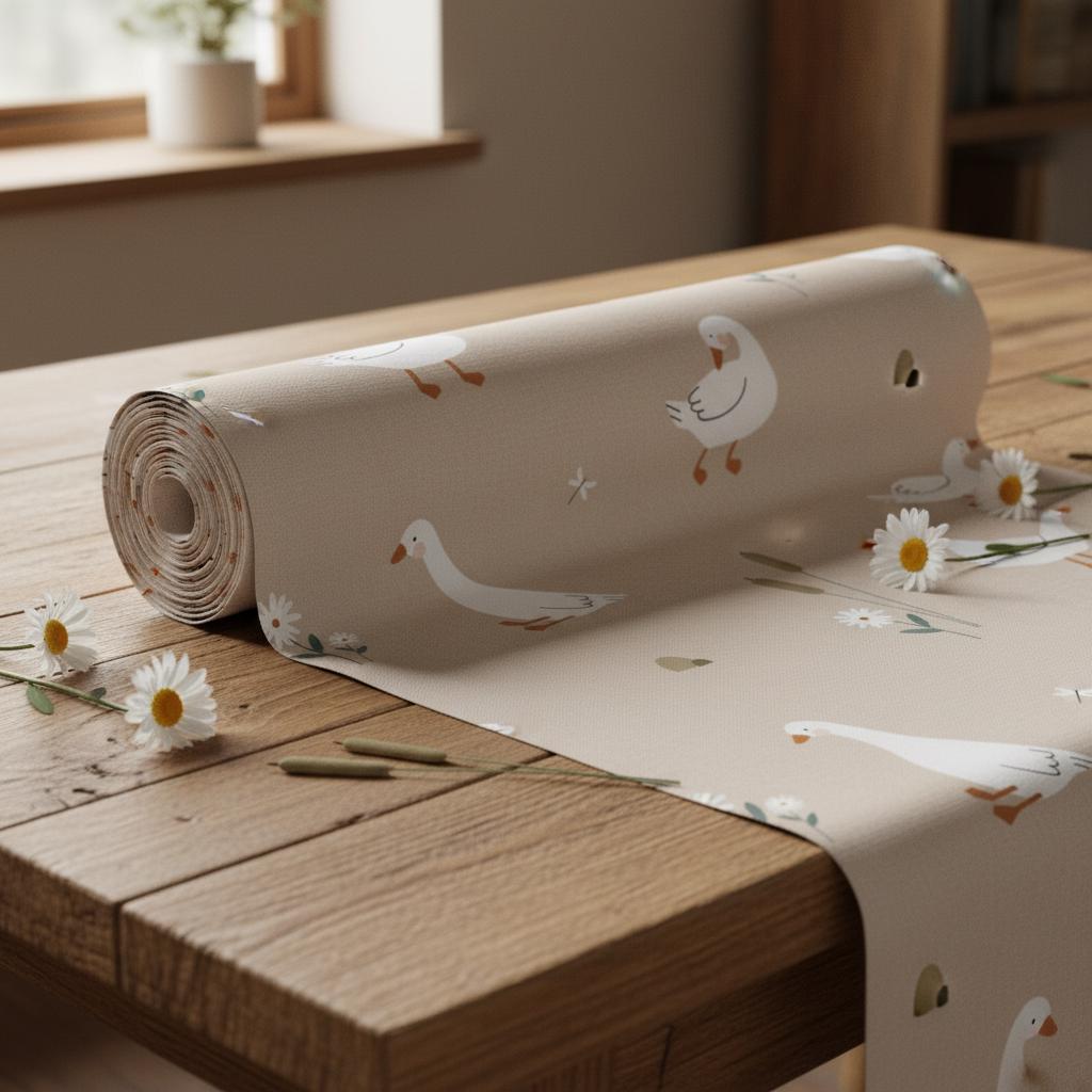 A roll of beige wallpaper featuring a repeating pattern of white geese, small green leaves, and white daisy flowers with yellow centres. The material is tightly coiled at one end and unrolled across a flat surface, displaying the print.