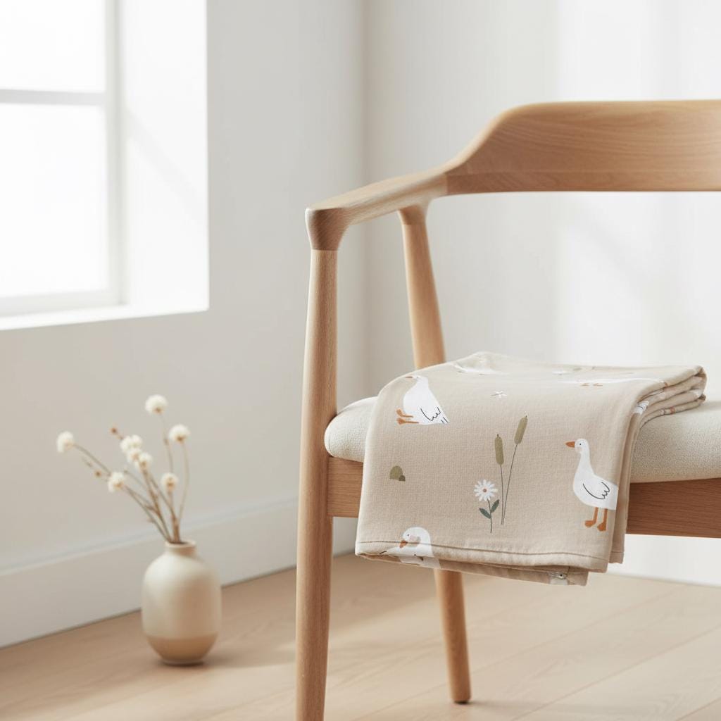 A light beige blanket featuring a repeating pattern of white geese, green reeds, and small white flowers, draped over a wooden chair. The blanket has a soft, textured appearance with a simple, clean design and muted, neutral colour tones.