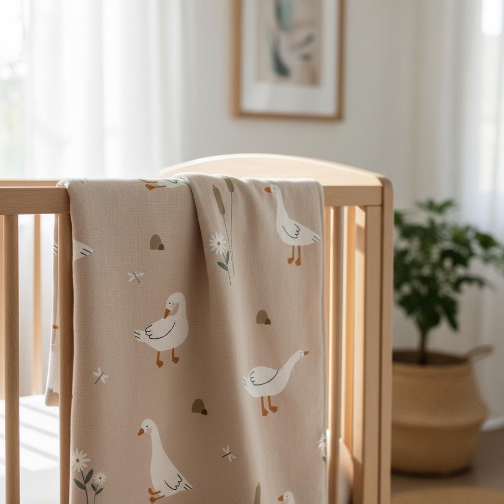 A beige baby blanket featuring a repeating pattern of white geese with orange beaks and feet, interspersed with small white flowers, brown bulrushes, tiny dragonflies, and small brown stones, draped over a light wood cot railing.