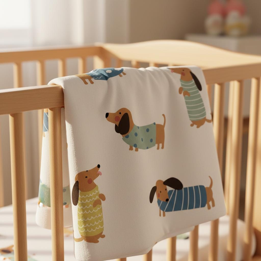 A white baby blanket featuring a repeating pattern of brown dachshund dogs wearing various coloured sweaters with stripes and polka dots. The dogs are depicted in different poses, including standing and sitting, against a plain white background.