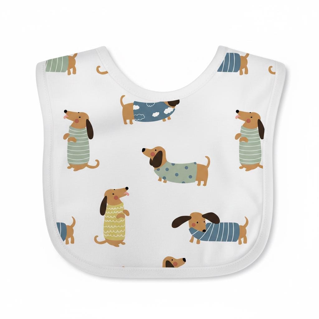 A white baby bib featuring a repeating pattern of brown dachshunds wearing various jumpers. The dogs are depicted in different poses, some standing and some walking, wearing garments with stripes, polka dots, and cloud patterns.