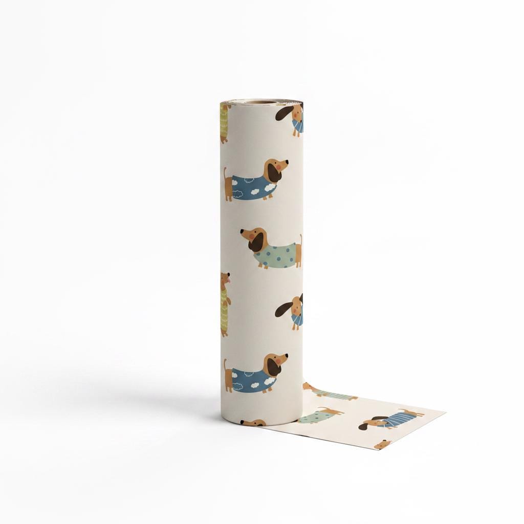 A roll of cream-coloured wrapping paper featuring a repeating pattern of brown dachshunds wearing various jumpers in shades of blue, green, and yellow. The dogs are depicted in a cartoon style with simple shapes and soft, muted colours.