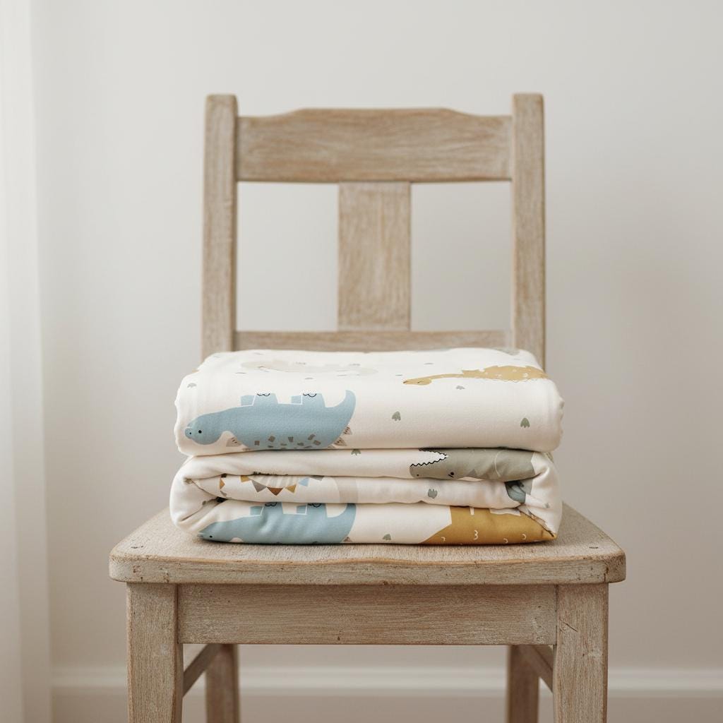 A folded white fabric blanket featuring a repeating pattern of dinosaurs in muted shades of blue, mustard yellow, and grey. The blanket is stacked in multiple layers, displaying various dinosaur silhouettes and small triangular shapes.