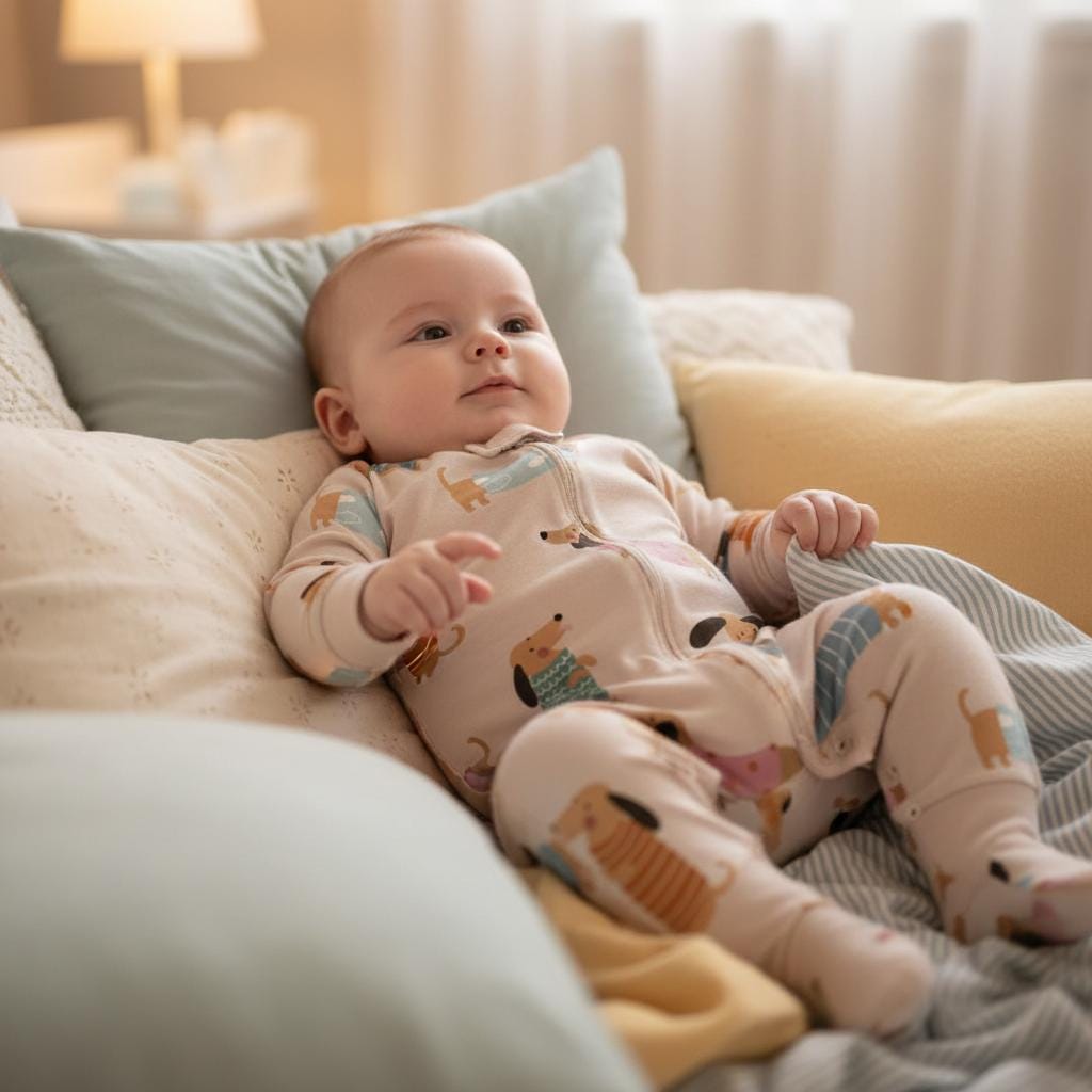 A light beige long-sleeved baby sleepsuit featuring a repeating pattern of cartoon dachshunds wearing jumpers. The garment has a full-length front zip fastening, integrated feet, and a round neckline, crafted from a soft fabric.