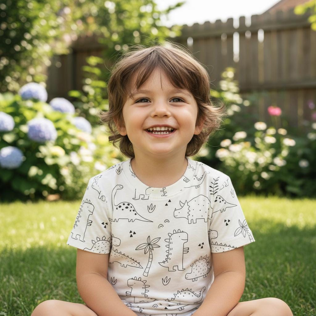 A short-sleeved white t-shirt featuring a repeating black line art pattern of various dinosaurs, palm trees, and small triangular shapes. The garment has a classic crew neckline and a straight hem, showcasing a simple graphic print.