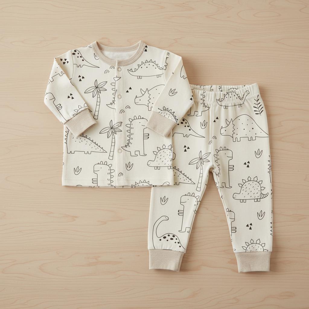 A two-piece pyjama set in off-white featuring a black line-art dinosaur and palm tree pattern. The long-sleeve top has a button-front closure and ribbed cuffs, while the matching trousers feature an elastic waistband and ribbed ankle cuffs.