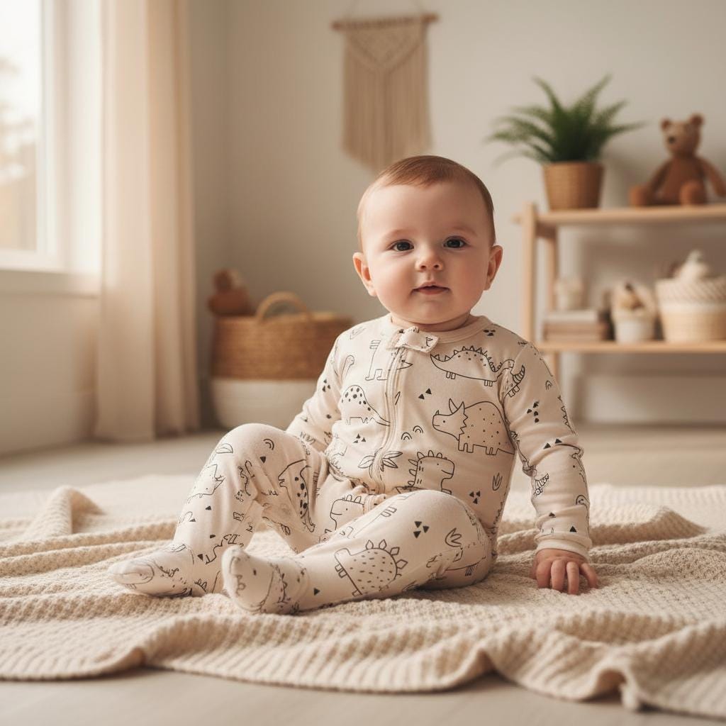 A baby wearing a long-sleeved, footed one-piece sleeper made of cream-coloured fabric. The garment features a repeating black line-art pattern of various dinosaurs, including triceratops and stegosaurus, with a front zip closure.
