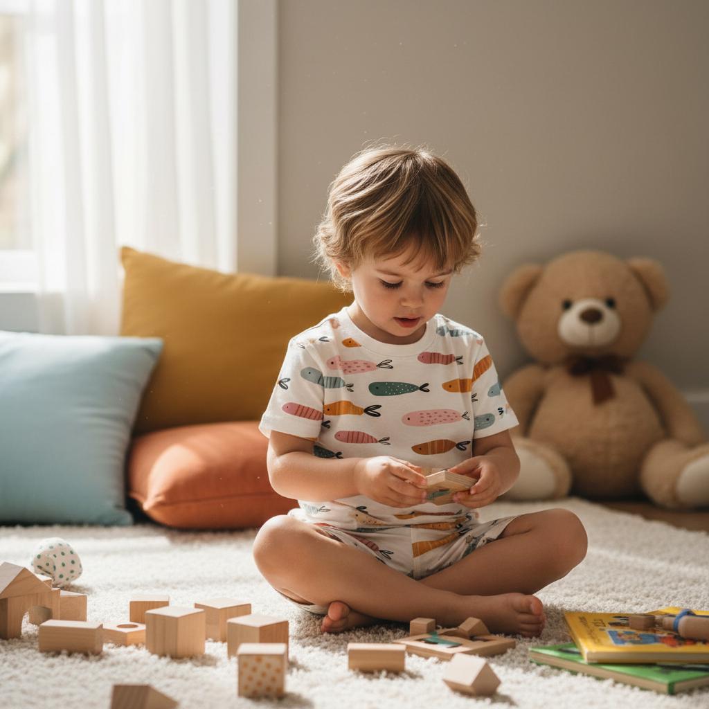 A child with light brown hair wearing a white short-sleeved t-shirt and matching shorts featuring a repeating pattern of small orange, pink, and teal fish. The child is sitting on a white rug, playing with small wooden building blocks.