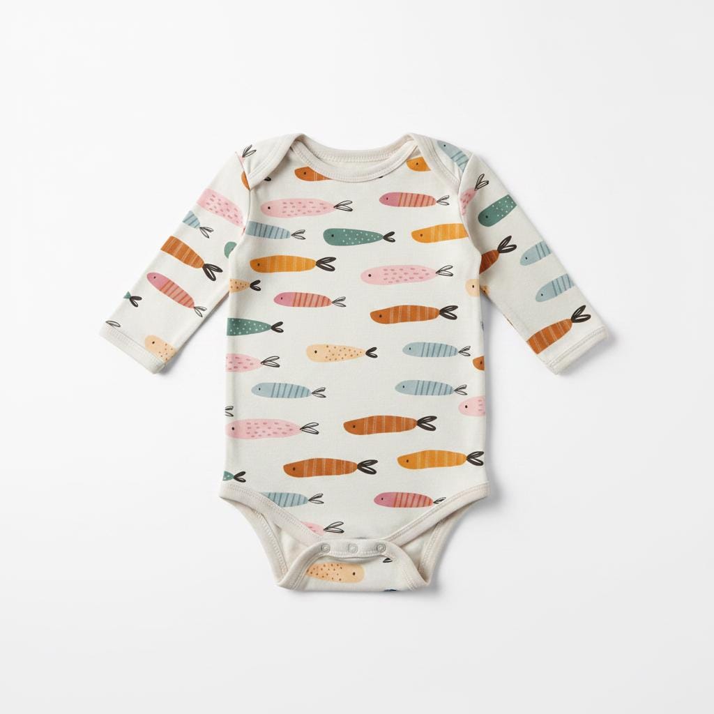 Cream long-sleeved baby bodysuit printed with the colourful Fish pattern.
