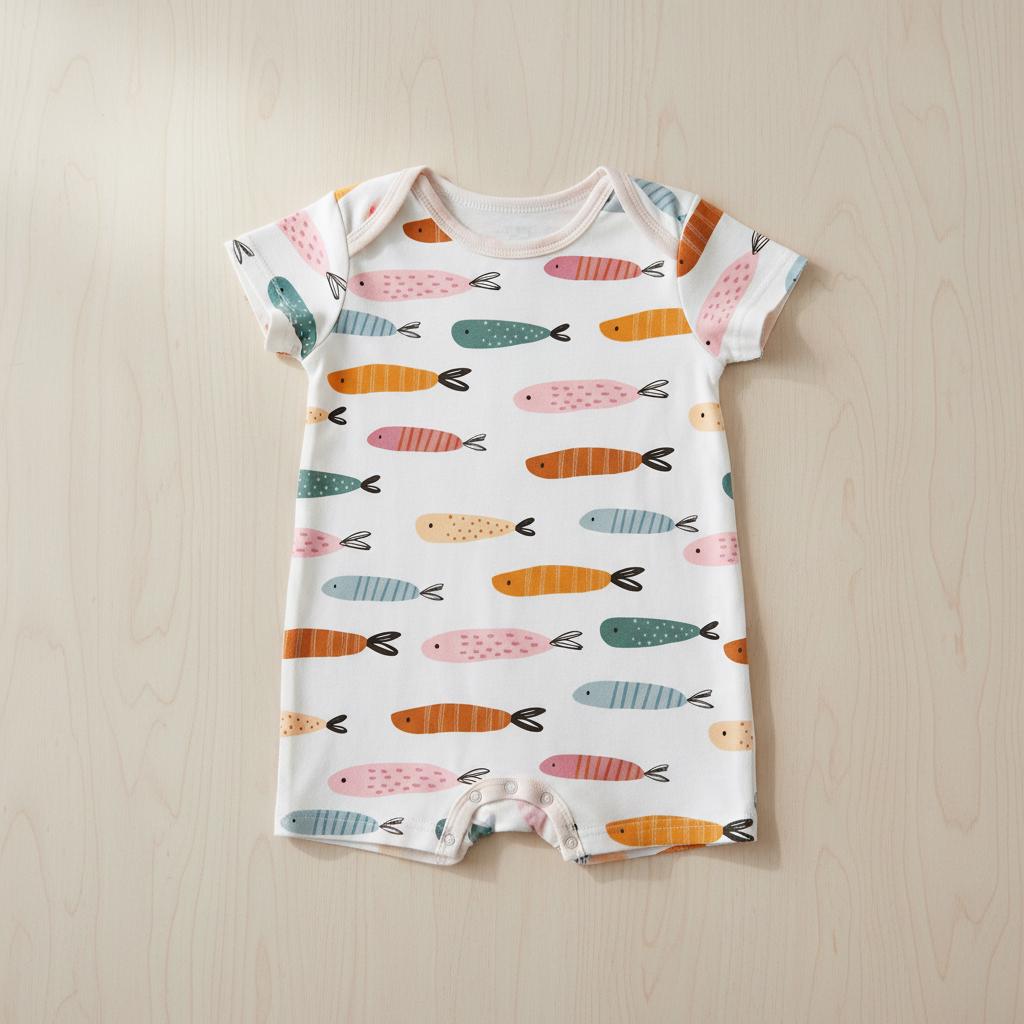 White short-sleeved baby romper printed with the Fish pattern of rows of colourful striped fish, on a light wooden surface.